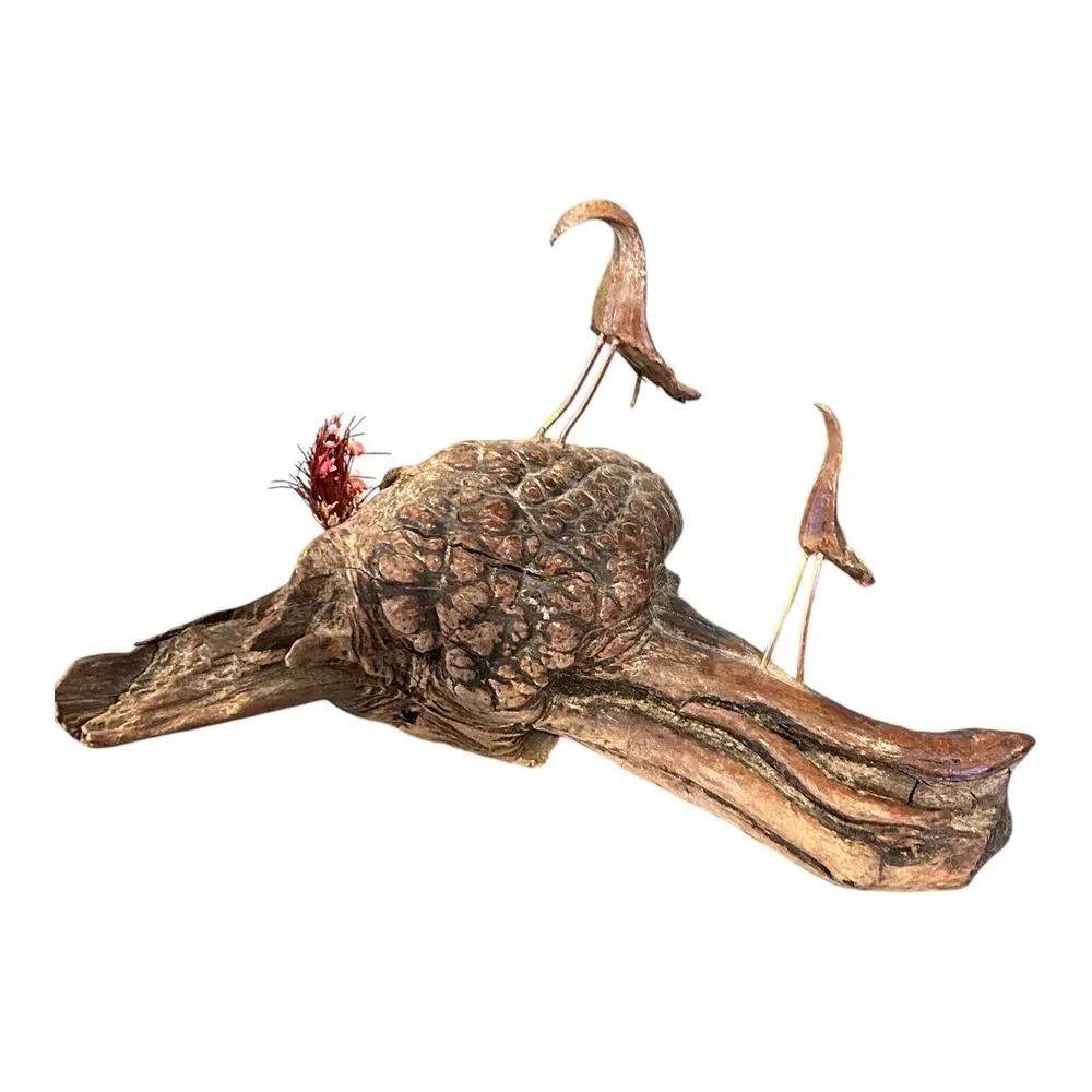 Vtg Burl Wood Driftwood Art Statue Pinecone Birds‎ Copper Wire Legs Decor
